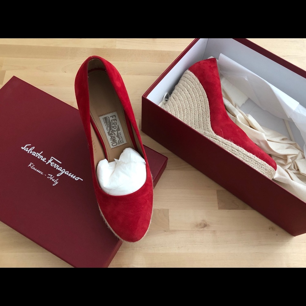 *SOLD* Red suede Ferragamo Espadrille wedges